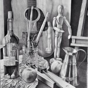 A black and white photo of some bottles, an apple, a guitar, and other objects.