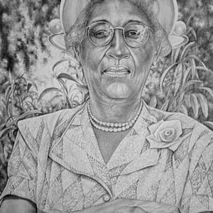 A pencil drawing of an old woman wearing glasses