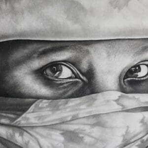 A painting of eyes with one eye open and the other half closed.