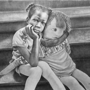 A black and white photo of two children