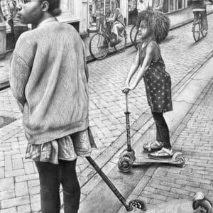 Two young girls on scooters in a city.