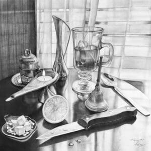 A table with a glass of water and some candles