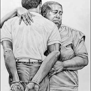 A pencil drawing of two men hugging each other