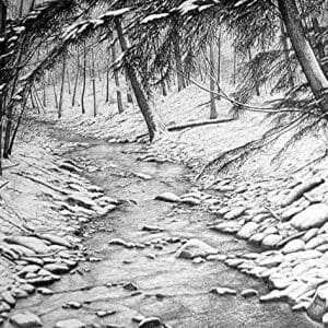 A black and white photo of a snowy path.