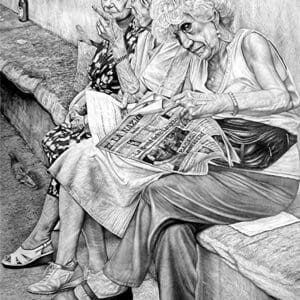 A pencil drawing of three women sitting on a bench