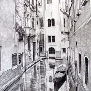 A drawing of an alley with boats in it