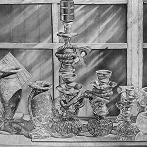 A black and white drawing of a window with many vases