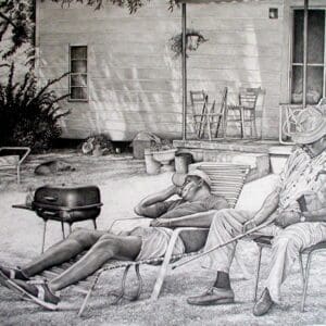 A black and white photo of people sitting on lawn chairs.