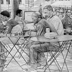 A drawing of people sitting at tables with drinks.
