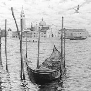 A boat in the water with buildings and seagulls flying above.