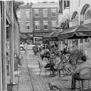 A drawing of people sitting at tables outside