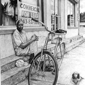 An elderly man playing a trumpet beside his bicycle on a sidewalk.