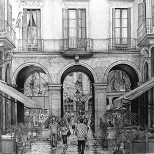 A drawing of people walking in an old city.