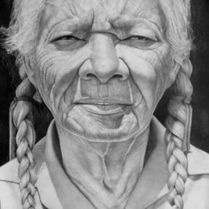 A pencil drawing of an old woman with braids.