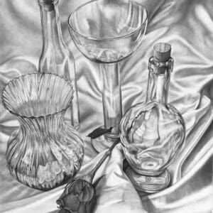 A black and white photo of some glass vases