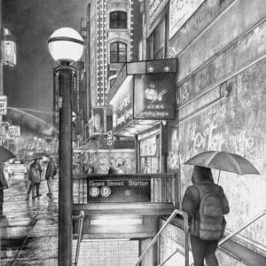Rainy city street with illuminated lamp posts and a person holding an umbrella.